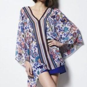 Milly Sheer Floral Stripe Paisley V-Neck Pullover Poncho Caftan Top Size S/M